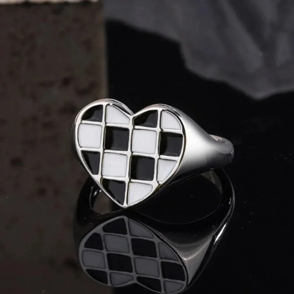 925 Silver Checkered Heart Ring Chunky Silver Ring Thick Checkerboard Ring